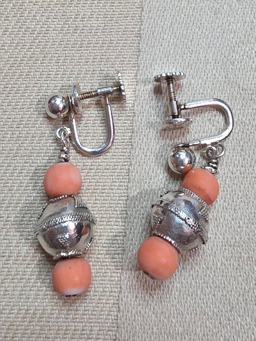 ANGEL SKIN, PINK, CORAL, STERLING SILVER 925 VINTAGE SCREW BACK EARRINGS
